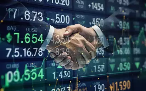 Ein stilisierter Börsenticker mit Finanzdaten, überlagert von einer abstrakten Darstellung einer Übernahme oder Fusion. - Foto: über boerse-global.de