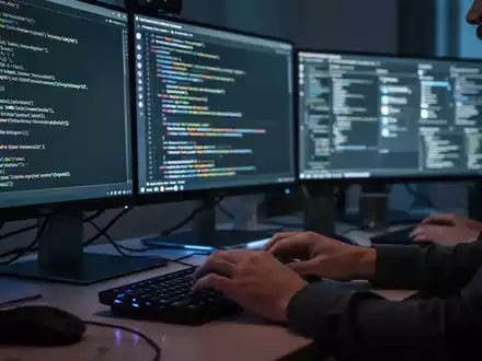 A software engineer working at a desk with multiple monitors displaying code and user interface frameworks in a dimly lit room. - Foto: über boerse-global.de