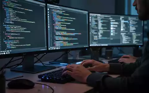 A software engineer working at a desk with multiple monitors displaying code and user interface frameworks in a dimly lit room. - Foto: über boerse-global.de