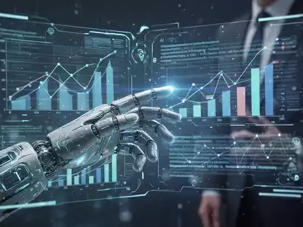 A futuristic hand interacts with a holographic presentation interface, showing AI-generated charts and text. - Foto: über boerse-global.de