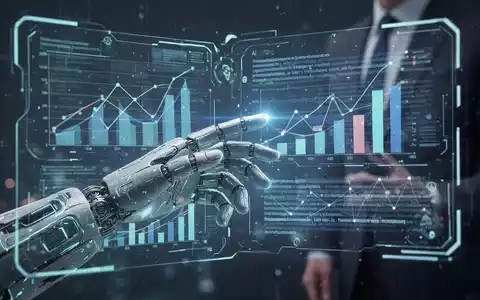 A futuristic hand interacts with a holographic presentation interface, showing AI-generated charts and text. - Foto: über boerse-global.de