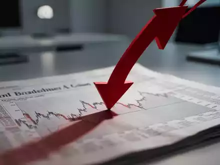 Eine rote, nach unten zeigende Börsenpfeil-Skulptur wirft einen langen Schatten auf eine verschwommene Finanzzeitung. - Foto: über boerse-global.de
