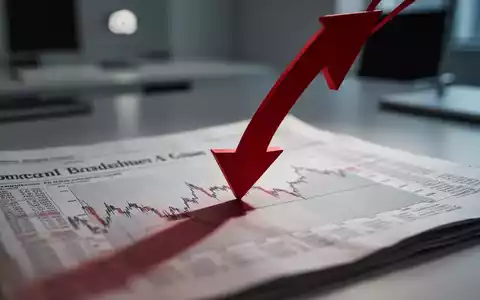 Eine rote, nach unten zeigende Börsenpfeil-Skulptur wirft einen langen Schatten auf eine verschwommene Finanzzeitung. - Foto: über boerse-global.de