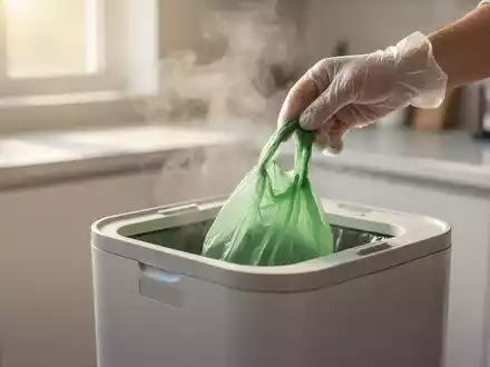 Ein sauberer, moderner Küchenabfalleimer, aus dem ein leichter Dampf aufsteigt, der Geruchskontrolle andeutet. Eine Hand legt einen biologisch abbaubaren Beutel hinein. - Foto: über boerse-global.de