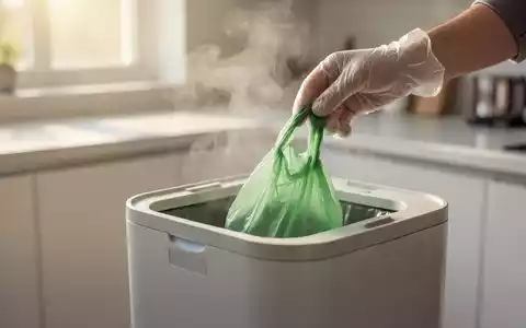 Ein sauberer, moderner Küchenabfalleimer, aus dem ein leichter Dampf aufsteigt, der Geruchskontrolle andeutet. Eine Hand legt einen biologisch abbaubaren Beutel hinein. - Foto: über boerse-global.de
