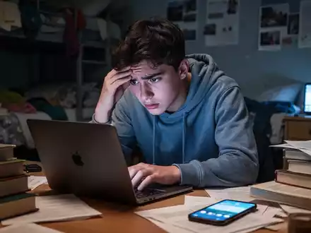 Ein junger Gen Z Student, der gestresst und überfordert aussieht, sitzt über einem Laptop in einem schwach beleuchteten Studentenwohnheim. - Foto: über boerse-global.de
