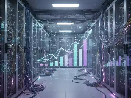 A futuristic data center with glowing server racks, intricate network cables, and holographic AI algorithms. - Foto: über boerse-global.de