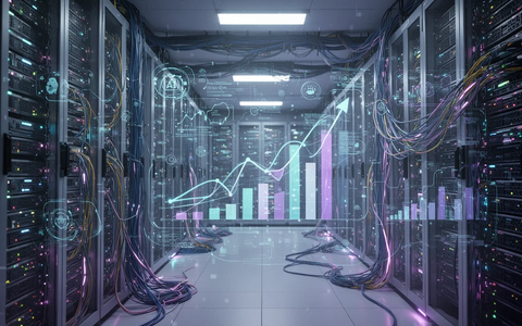 A futuristic data center with glowing server racks, intricate network cables, and holographic AI algorithms. - Foto: über boerse-global.de