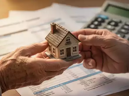 Hände tauschen eine kleine Hausfigur aus, im Hintergrund unscharfe Finanzdokumente und ein Taschenrechner. Symbolisiert Immobilienkauf und Familienfinanzplanung. - Foto: über boerse-global.de