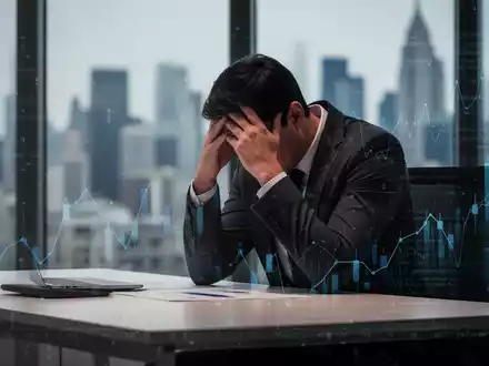 Eine erschöpfte Person sitzt mit dem Kopf in den Händen an einem Schreibtisch, unscharfe Stadtlandschaft im Hintergrund, symbolisiert Burnout. - Foto: über boerse-global.de