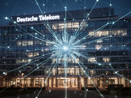 A glowing digital network overlaying the blurred Deutsche Telekom headquarters at night, symbolizing leadership and digital infrastructure. - Foto: über boerse-global.de