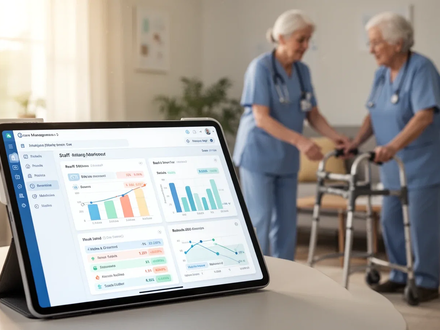 Nahaufnahme eines Tablet-Bildschirms mit einem Dashboard für die Pflegeverwaltung, im Hintergrund ein vernetzter Rollator und eine Pflegekraft. - Foto: über boerse-global.de