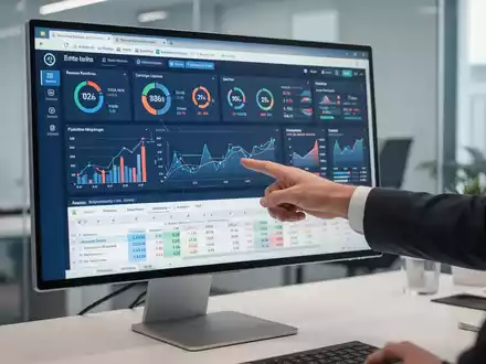 A close-up of a hand pointing at a financial dashboard on a computer screen, showing graphs and key performance indicators. - Foto: über boerse-global.de