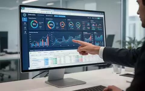 A close-up of a hand pointing at a financial dashboard on a computer screen, showing graphs and key performance indicators. - Foto: über boerse-global.de
