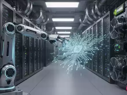 A robot arm interacts with a holographic circuit board, symbolizing AI and robotics. A data center with servers and cooling solutions is in the background. - Foto: über boerse-global.de