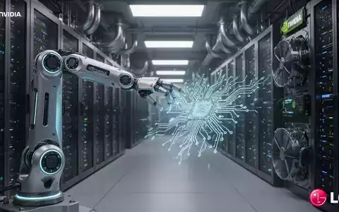 A robot arm interacts with a holographic circuit board, symbolizing AI and robotics. A data center with servers and cooling solutions is in the background. - Foto: über boerse-global.de
