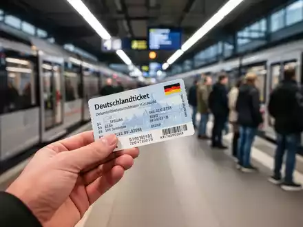 Eine Hand hält ein Deutschlandticket vor dem unscharfen Hintergrund eines belebten modernen Bahnhofs, der Mobilität symbolisiert. - Foto: über boerse-global.de