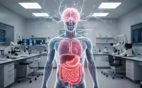 Eine stilisierte menschliche Torso-Darstellung mit leuchtendem viszeralem Fett und neuronalen Verbindungen um den Kopf in einem Labor. - Foto: über boerse-global.de