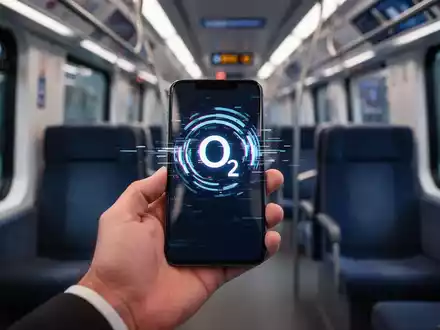 A close-up of a hand holding a smartphone displaying a weak or disrupted O2 network signal, with a train interior in the background. - Foto: über boerse-global.de