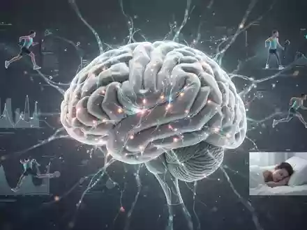 Ein stilisiertes Gehirn mit leuchtenden neuronalen Netzen, umgeben von abstrakten Darstellungen von Daten, Bewegung und Schlaf. - Foto: über boerse-global.de