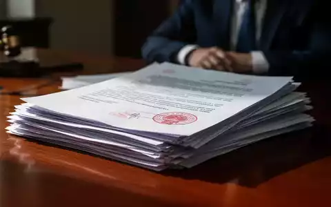 Ein Stapel offizieller Dokumente auf einem Schreibtisch mit einem undeutlichen Geschäftsmann im Hintergrund, der Bürokratie symbolisiert. - Foto: über boerse-global.de