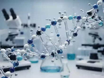 Abstrakte Darstellung von DNA-Strängen, die sich mit pharmazeutischen Molekülen verflechten, im Hintergrund verschwommene medizinische Geräte. - Foto: über boerse-global.de