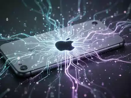 A stylized Apple device silhouette with a glowing, intricate neural network design, representing AI integration and advanced technology. - Foto: über boerse-global.de