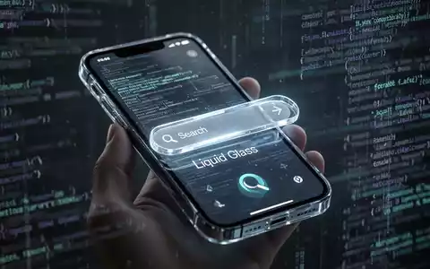 A futuristic iPhone displaying a 'Liquid Glass' navigation bar with a search interface. Lines of code and data blur in the background. - Foto: über boerse-global.de