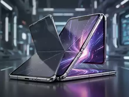 A sleek, partially open foldable smartphone with a vibrant internal display, set against a blurred high-tech background. - Foto: über boerse-global.de