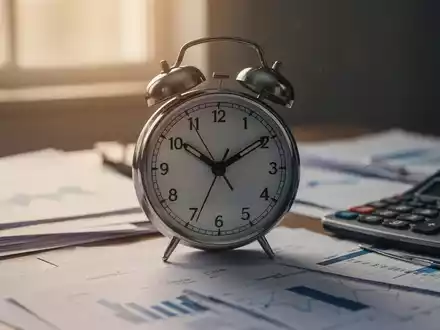 Eine Nahaufnahme einer modernen Analoguhr auf einem Schreibtisch mit unscharfen Finanzdokumenten und einem Taschenrechner im Hintergrund. - Foto: über boerse-global.de