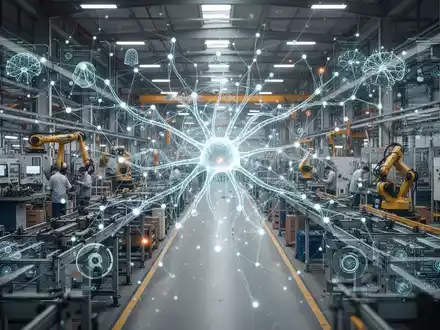 Ein stilisiertes, leuchtendes neuronales Netz überlagert eine moderne, geschäftige Fabrikhalle, die KI-Integration im Mittelstand darstellt. - Foto: über boerse-global.de