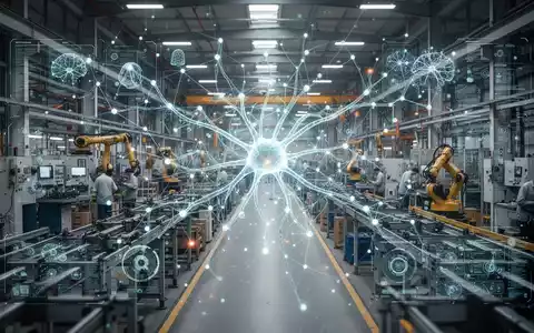 Ein stilisiertes, leuchtendes neuronales Netz überlagert eine moderne, geschäftige Fabrikhalle, die KI-Integration im Mittelstand darstellt. - Foto: über boerse-global.de