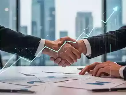 Eine stilisierte Grafik mit aufsteigendem Trend, überlagert von digitalen Linien. Im Vordergrund Händedruck über Dokumenten. - Foto: über boerse-global.de