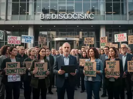 Eine Gruppe von Menschen versammelt sich vor einem modernen Rundfunkgebäude, einige halten dezente Protestschilder, um gewerkschaftliche Verhandlungen darzustellen. - Foto: über boerse-global.de