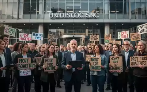 Eine Gruppe von Menschen versammelt sich vor einem modernen Rundfunkgebäude, einige halten dezente Protestschilder, um gewerkschaftliche Verhandlungen darzustellen. - Foto: über boerse-global.de