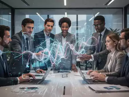 Eine Gruppe von Geschäftsleuten arbeitet in einem modernen Büro mit einer holografischen KI-Oberfläche. - Foto: über boerse-global.de