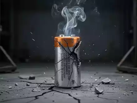 Eine beschädigte Lithium-Ionen-Batteriezelle raucht leicht vor einem dunklen Hintergrund, symbolisiert einen starken Kurssturz. - Foto: über boerse-global.de