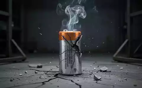 Eine beschädigte Lithium-Ionen-Batteriezelle raucht leicht vor einem dunklen Hintergrund, symbolisiert einen starken Kurssturz. - Foto: über boerse-global.de