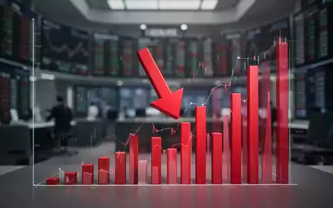 Roter, nach unten zeigender Pfeil durchdringt einen stilisierten Finanzbalkenchart, der einen starken Kursrückgang darstellt. - Foto: über boerse-global.de