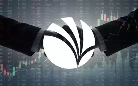 Eine stilisierte Handschlag-Silhouette vor einem Hintergrund aus abstrakten digitalen Börsendaten, die einen Milliardendeal symbolisiert. - Foto: über boerse-global.de