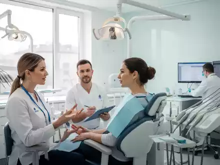 Zahnarztpraxis mit Patientin, Zahnarzthelferin und Zahnarzt, der am Computer arbeitet. Helle, moderne Einrichtung. - Foto: über boerse-global.de