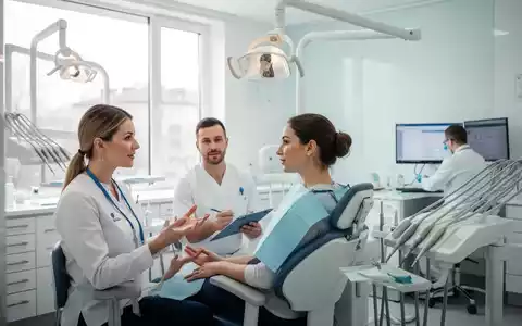 Zahnarztpraxis mit Patientin, Zahnarzthelferin und Zahnarzt, der am Computer arbeitet. Helle, moderne Einrichtung. - Foto: über boerse-global.de