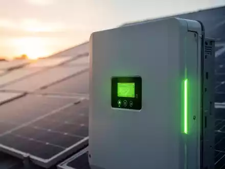 Nahaufnahme eines modernen Solarwechselrichters mit grünen Kontrollleuchten vor einem unscharfen Hintergrund von Solarmodulen bei Sonnenaufgang. - Foto: über boerse-global.de