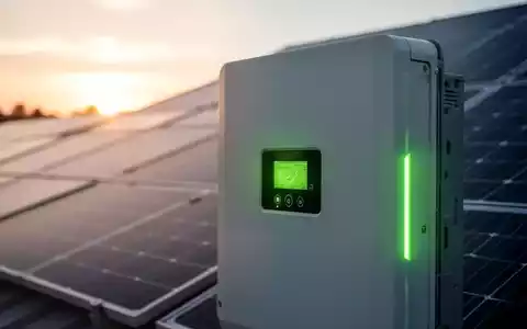 Nahaufnahme eines modernen Solarwechselrichters mit grünen Kontrollleuchten vor einem unscharfen Hintergrund von Solarmodulen bei Sonnenaufgang. - Foto: über boerse-global.de
