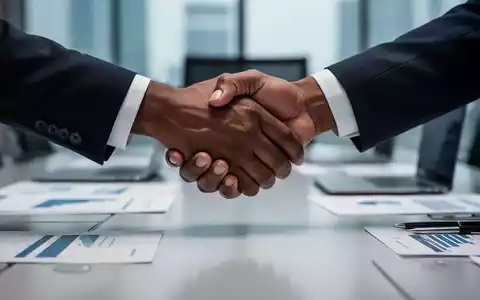 Zwei Hände schütteln sich über einem Konferenztisch, umgeben von verschwommenen Dokumenten und einem Laptop. Fokus auf Verhandlung. - Foto: über boerse-global.de