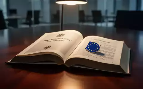 Ein offenes deutsches Gesetzesbuch auf einem Holztisch mit einem EU-Flaggenanstecker, der Transparenz und Regulierung symbolisiert. - Foto: über boerse-global.de