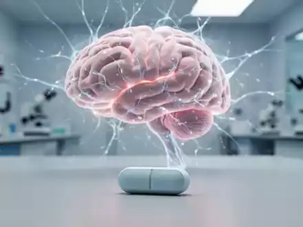 Ein stilisiertes, leuchtendes Gehirn mit Lichtfäden als Neuronen und einer pharmazeutischen Pille im Vordergrund, in einer medizinischen Umgebung. - Foto: über boerse-global.de