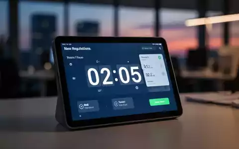 Eine digitale Zeiterfassungsuhr oder ein Tablet mit einer Zeiterfassungs-App in einem Büro bei Dämmerung, die neue Arbeitszeitgesetze symbolisiert. - Foto: über boerse-global.de