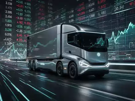 Futuristischer elektrischer LKW auf einer digitalen Autobahn mit einem stilisierten Börsenticker im Hintergrund, der steigende Trends zeigt. - Foto: über boerse-global.de