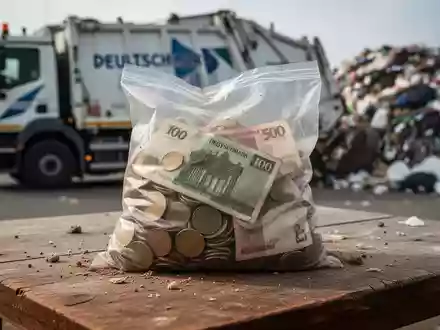 Ein durchsichtiger Plastiksack gefüllt mit alten D-Mark Banknoten und Münzen auf einem Holztisch, im Hintergrund unscharf Müll. - Foto: über boerse-global.de